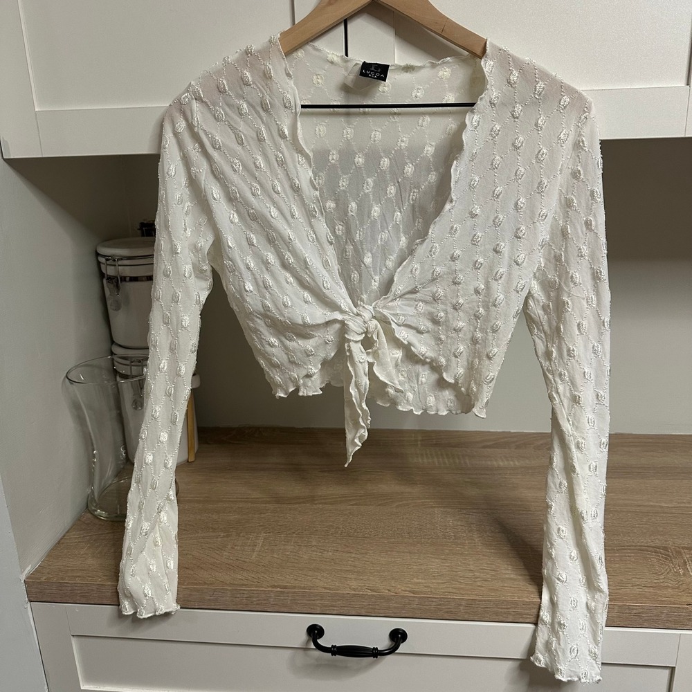 Y2K Sheer Tie Front Crop Top Women L White Textured Long Sleeve Stretch Coquette